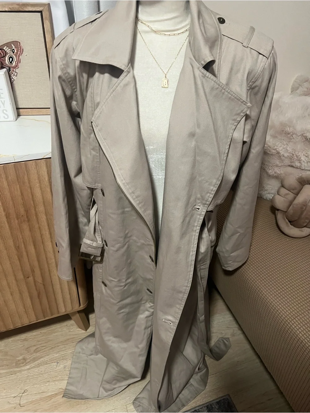 Vintage TOGETHER! Asymmetric Zipper Trench Coat - Khaki / Tan - Petite 2 Classic